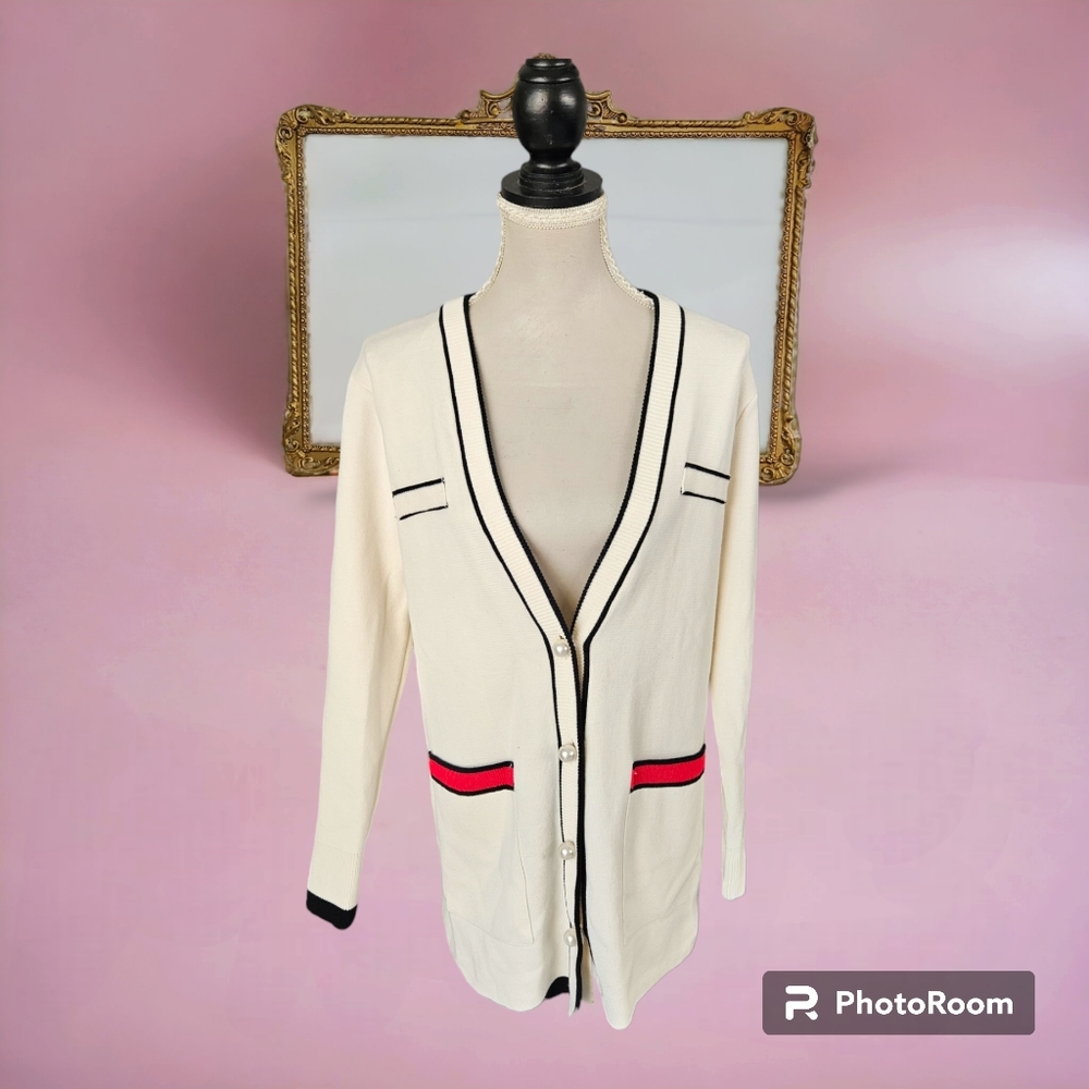 ZARA | cardigan, white with black and red details. | size S - Picture 1 of 5